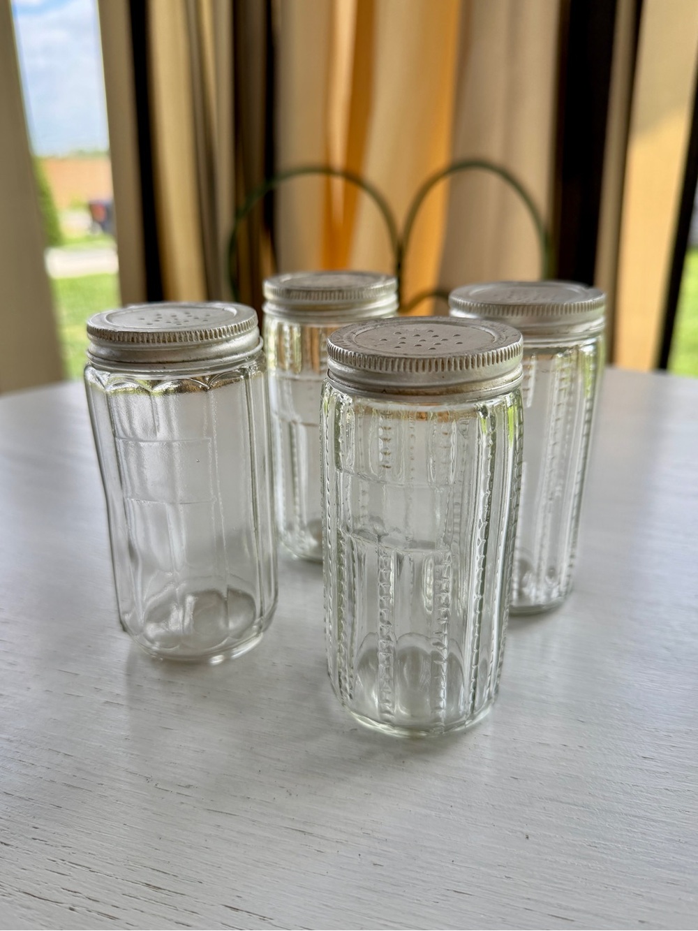 VINTAGE, SET/4, HOOSIER CABINET CLEAR GLASS SPICE JARS